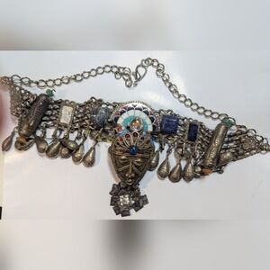 Wendy Gell African inspired silver collar with dangles vintage pieces.